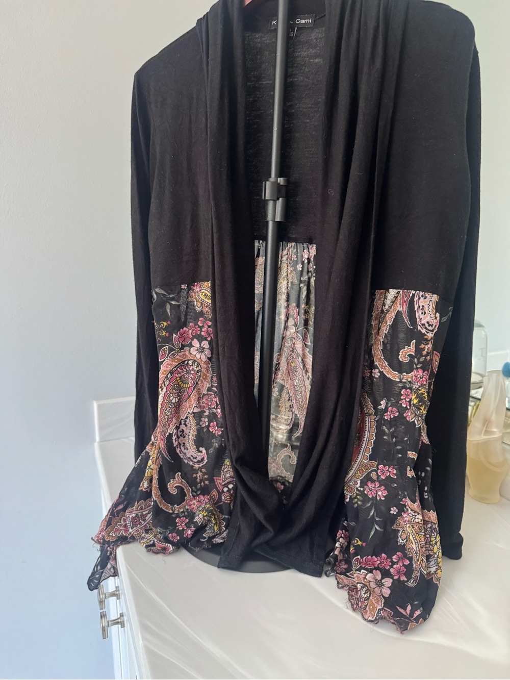 Kensie Black Open-Front Cardigan with Paisley Panels US Small - Picture 3 of 5